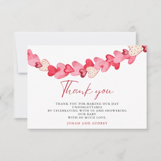 ピンクモダン赤いハートベビーシャワー サンキューカード (正面)