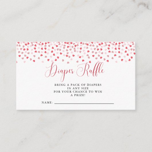 ピンクモダン赤いハート赤ちゃんシャワーおむつラッフル エンクロージャーカード (正面)