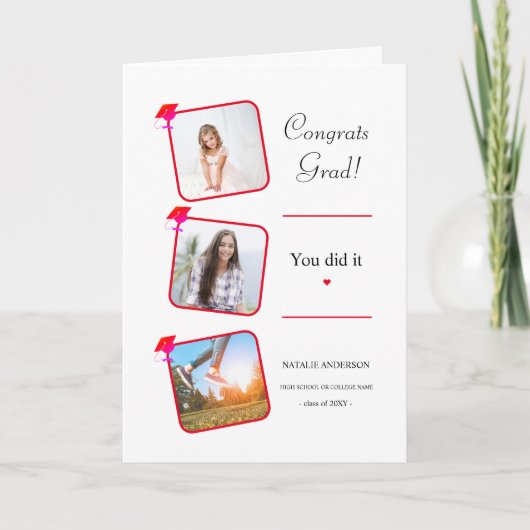 ピンクモダン赤白卒業祝い カード (正面)