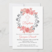 ピンクモダン赤面グレーフローラリースクロスバプテスマ 招待状 (正面)