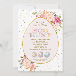 ピンクモダン赤面レッドフローラルゴールドエッグ狩りイースター 招待状