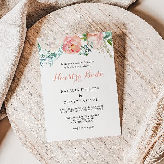 ピンクモダン赤面熱帯フローラスペインの結婚ズ 招待状