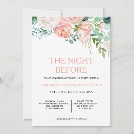 ピンクモダン赤面熱帯フローラリハーサルディナー 招待状 (正面)