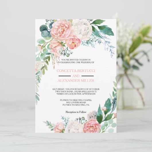 ピンクモダン赤面熱帯フローラ結婚ズ 招待状 (スタンド正面)