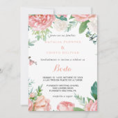 ピンクモダン赤面熱帯フローラ結婚ズ 招待状 (正面)