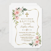 ピンクモダン赤面花金ゴールドフレームバプテスマ 招待状 (正面/裏面)