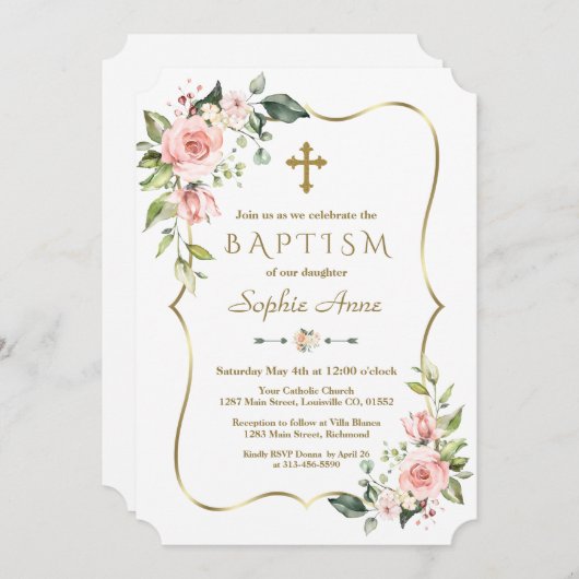 ピンクモダン赤面花金ゴールドフレームバプテスマ 招待状 (正面/裏面)