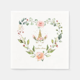 ピンクモダン赤面花金ゴールドユニコーン誕生日 スタンダードカクテルナプキン