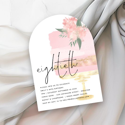 ピンクモダン金ゴールドお誕生日ケーキ80thパーティーアーチ 招待状