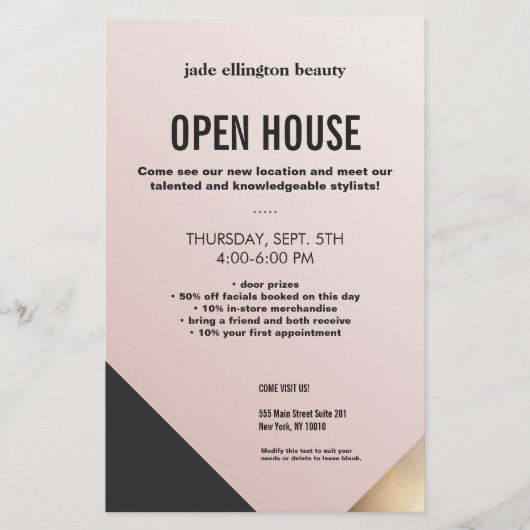 ピンクモダン金ゴールドとブラックカラーブロック美しいサロン チラシ (正面)