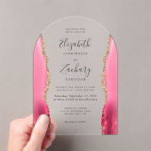 ピンクモダン金ゴールドアゲ結婚ートのアーチ アクリル招待状 (インサイチュ (ポータブル))