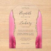 ピンクモダン金ゴールドアゲ結婚ートのアーチ アクリル招待状 (正面)