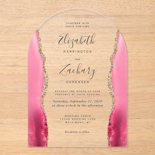 ピンクモダン金ゴールドアゲ結婚ートのアーチ アクリル招待状 (正面)