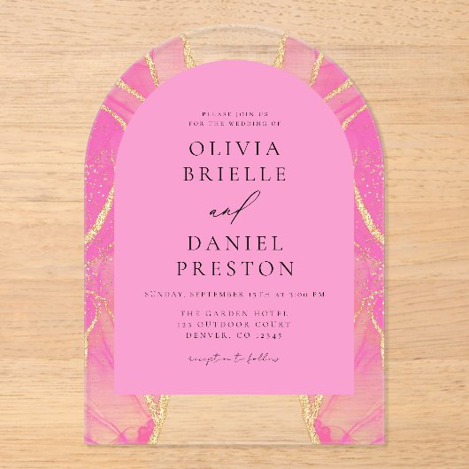 ピンクモダン金ゴールドアゲ結婚ートエレガント アクリル招待状 (正面)