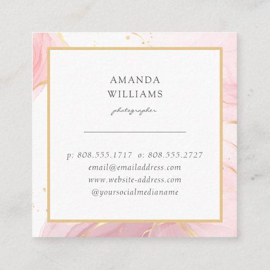 ピンクモダン金ゴールドアートリキッドウォーターカラースクエア スクエア名刺 (裏面)