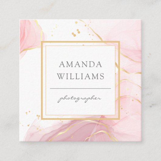 ピンクモダン金ゴールドアートリキッドウォーターカラースクエア スクエア名刺 (正面)
