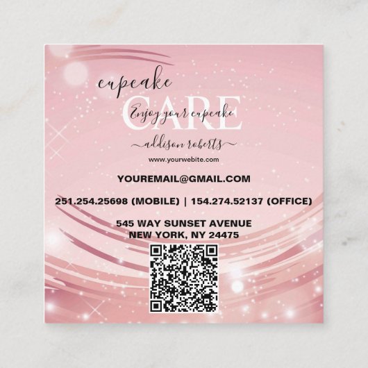 ピンクモダン金ゴールドウォーターカラーカップケ気にーキスクエアブ スクエア名刺 (裏面)