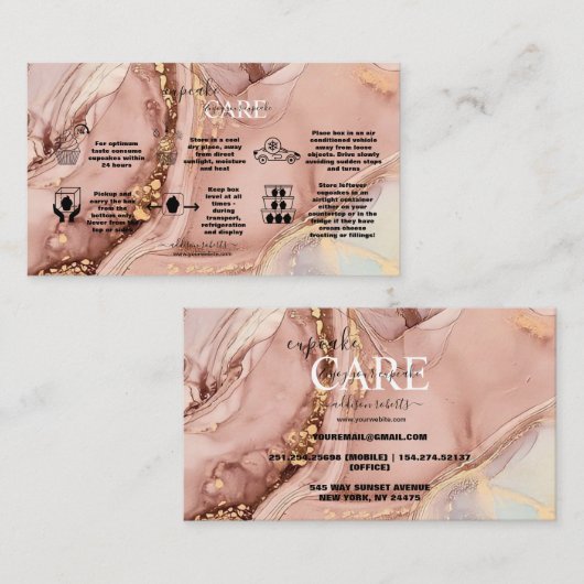 ピンクモダン金ゴールドウォーターカラーカップケ気にーキ 名刺 (正面/裏面)