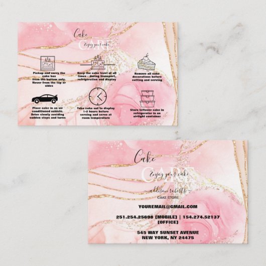 ピンクモダン金ゴールドウォーターカラーケ気にーキ 名刺 (正面/裏面)