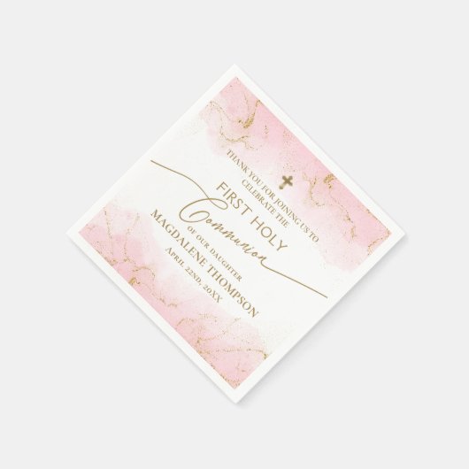ピンクモダン金ゴールドクロスガールファースト聖餐式 スタンダードカクテルナプキン (角)