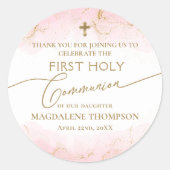 ピンクモダン金ゴールドクロスガールファースト聖餐式 ラウンドシール (正面)