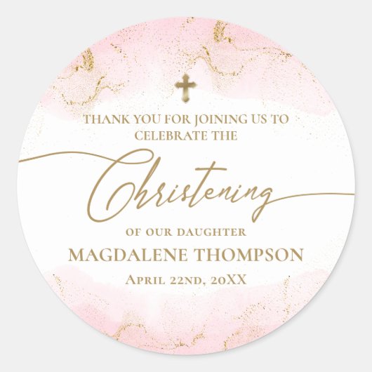 ピンクモダン金ゴールドクロスガール《キリスト教》洗礼式や命名式 ラウンドシール (正面)