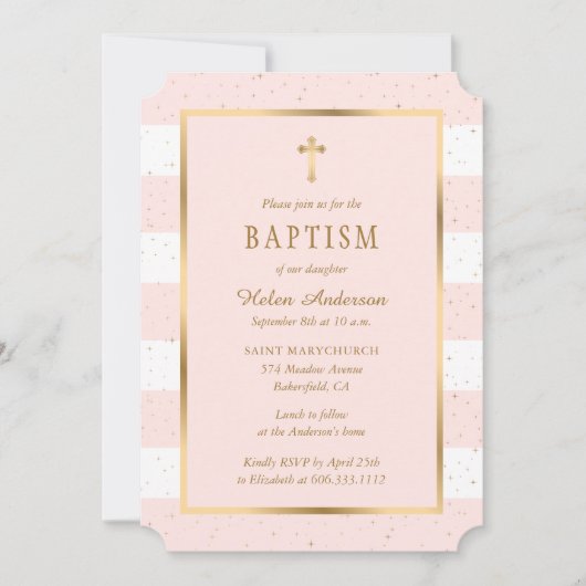 ピンクモダン金ゴールドクロススターズガールバプテスマ 招待状 (正面)