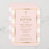 ピンクモダン金ゴールドクロススターズガールバプテスマ 招待状 (正面/裏面)