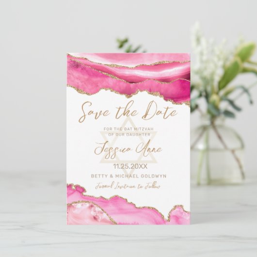 ピンクモダン金ゴールドグリッターアゲートバルミツワー セーブザデート (スタンド正面)