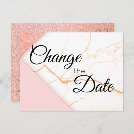 ピンクモダン金ゴールドグリッター大理石の日付の変更 ポストカード (正面/裏面)