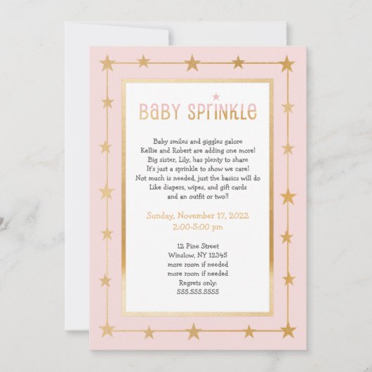 ピンクモダン金ゴールドスターズガールベビー振りかけ招待状 招待状 (正面)