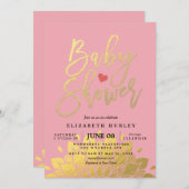 ピンクモダン金ゴールドフローラベビーシャワー招待状 招待状 (正面/裏面)