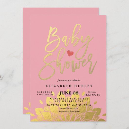 ピンクモダン金ゴールドフローラベビーシャワー招待状 招待状 (正面/裏面)