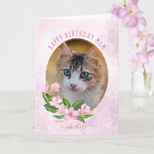 ピンクモダン金ゴールドフローラリースキャットフォト誕生日 カード (蘭)
