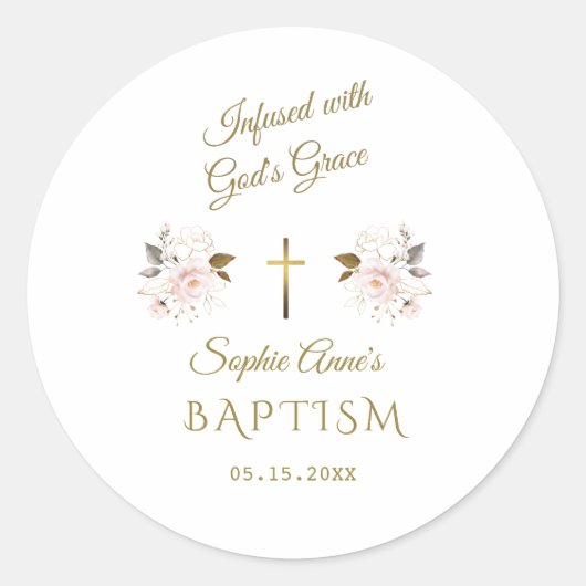 ピンクモダン金ゴールドフローラ書道ガールバプテスマ ラウンドシール (正面)