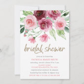 ピンクモダン金ゴールドブルゴーニュフローラブライダルシャワー 招待状 (正面)