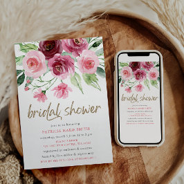 ピンクモダン金ゴールドブルゴーニュフローラブライダルシャワー 招待状