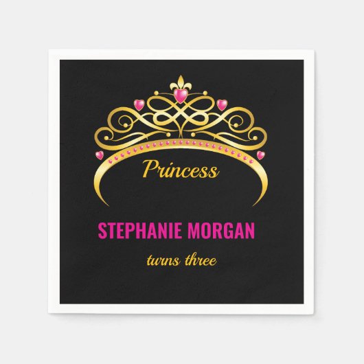 ピンクモダン金ゴールドプリンセスクラウンバースデーパーティー スタンダードカクテルナプキン (正面)
