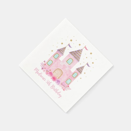 ピンクモダン金ゴールドプリンセス城誕生日 スタンダードカクテルナプキン (角)