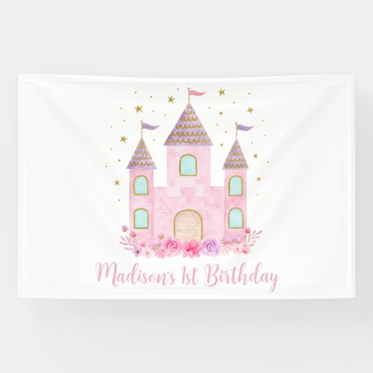 ピンクモダン金ゴールドプリンセス城誕生日 横断幕 (横)