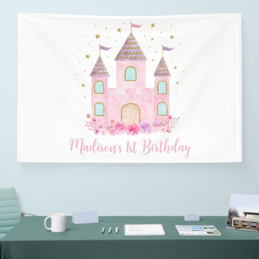 ピンクモダン金ゴールドプリンセス城誕生日 横断幕 (トレードショー)