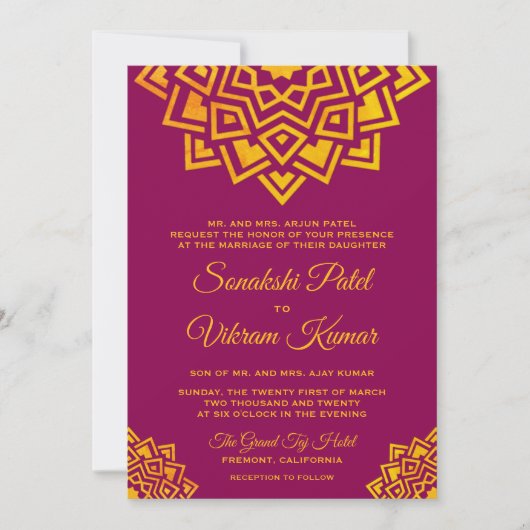 ピンクモダン金ゴールドマンダラインディアン結婚式招待状 招待状 (正面)