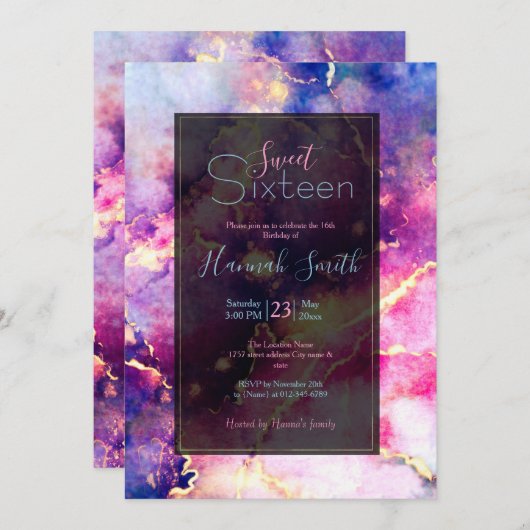 ピンクモダン金ゴールドリキッドアート抽象芸術 招待状 (正面/裏面)