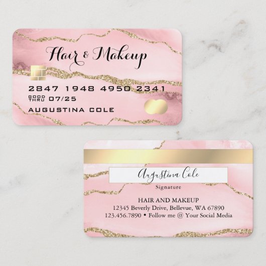 ピンクモダン金ゴールド大理石ゲートフェイククレジットカード 名刺 (正面/裏面)