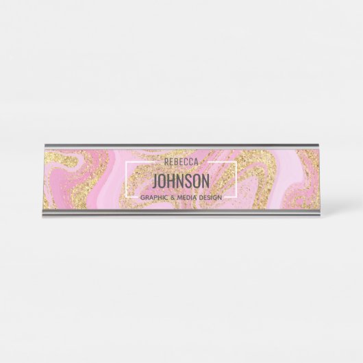 ピンクモダン金ゴールド大理石名-名前プレート デスクネームプレート (正面)