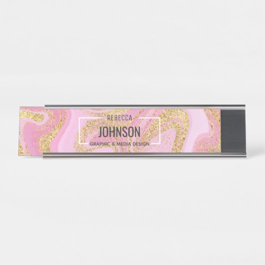 ピンクモダン金ゴールド大理石名-名前プレート デスクネームプレート (正面)