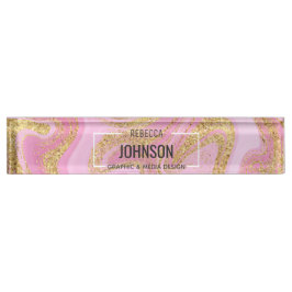 ピンクモダン金ゴールド大理石-机用ネームプレート デスクネームプレート