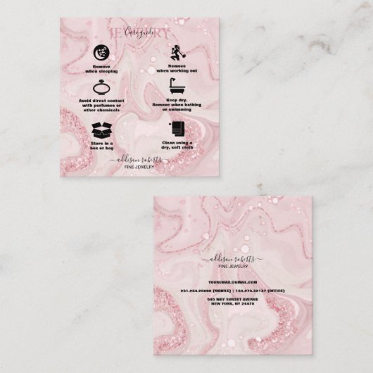 ピンクモダン金ゴールド水彩ジュエリー気に スクエア名刺 (正面/裏面)