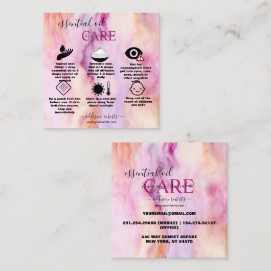 ピンクモダン金ゴールド水彩必須油気に スクエア名刺 (正面/裏面)