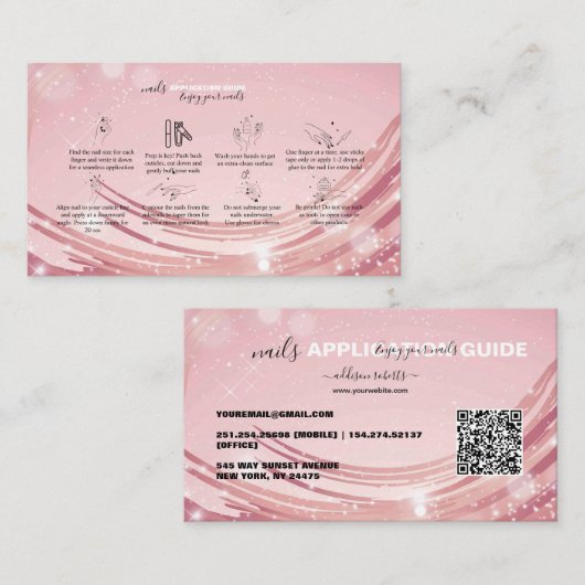 ピンクモダン金ゴールド水彩爪、 ネイル応用ガイド 名刺 (正面/裏面)